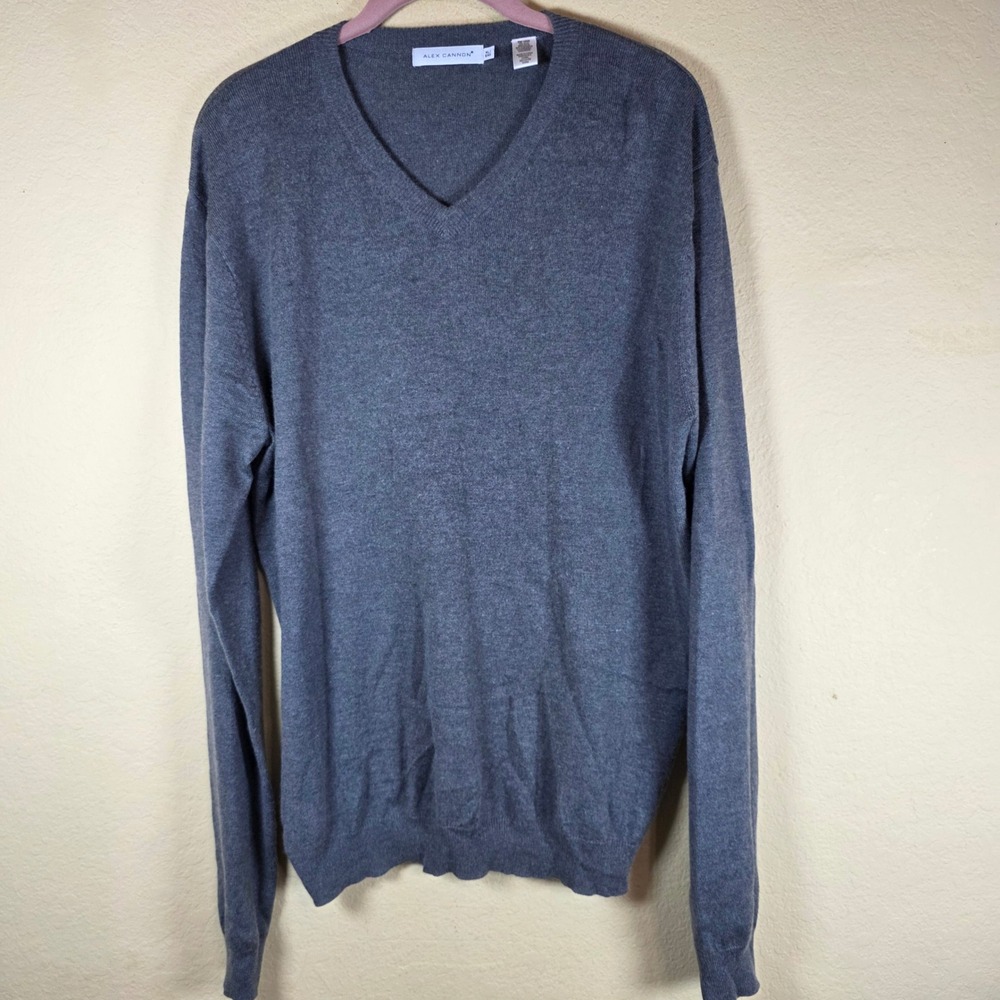 Alex Cannon Mens XL V Neck Sweater 75% Silk 25% Cashmere Gray preppy academia‎